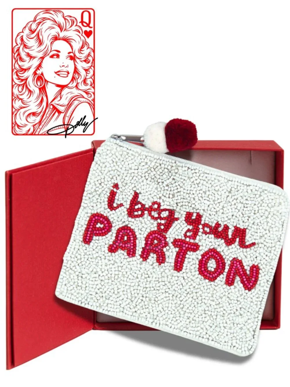 NEW DOLLY PARTON Seed Beaded Larger Style Pom-Pom Zipper Makeup Money Pouch